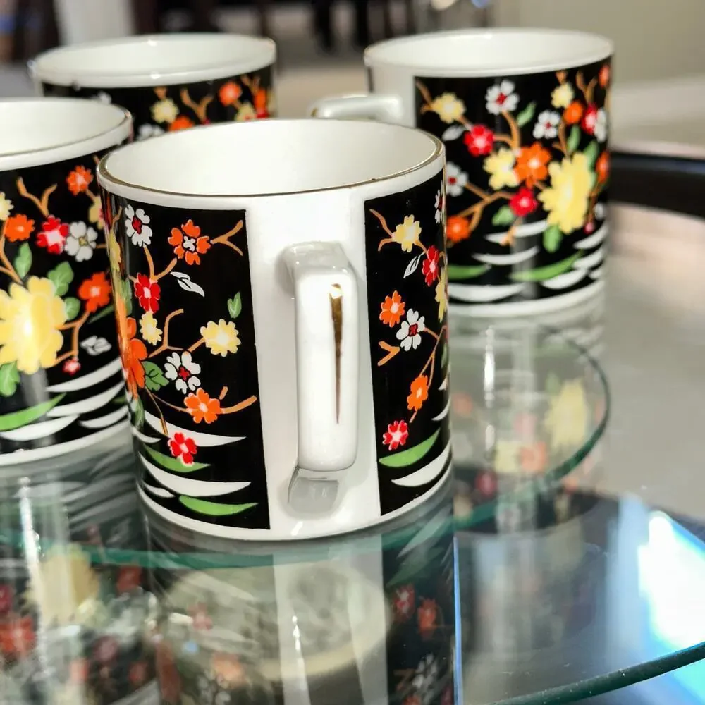 Set of 4 Bone China Mugs – Black Floral Japan-Inspired Pattern – Vintage